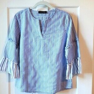 IVANKA TRUMP STRIPE SPLIT NECK COTTON TOP WITH TIERED SLEEVES SIZE MEDIUM